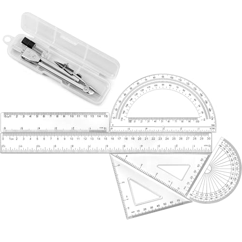 Zonon 7‑Piece Geometry Set with Drawing Compass, 6 & 4 Inch Protractors, Triangle Rulers and Straight Rulers, Transparent Math Drafting Supplies for Back to School, Students and Office Use(Clear) - color: Clear