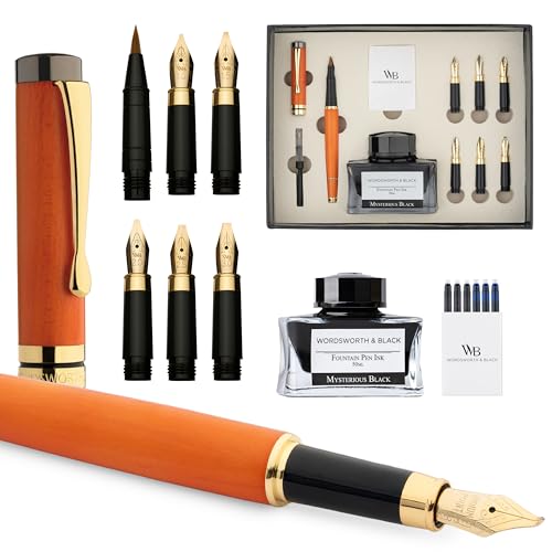 Wordsworth & Black Luxury Bamboo Cherry Calligraphy Pen Set, 6 Nibs | Fountain Ink Bottle, Cartridges , Refill Converter, Gift for Men , Women, Smooth Writing, Journaling , Lettering - color: Cherry Wood
