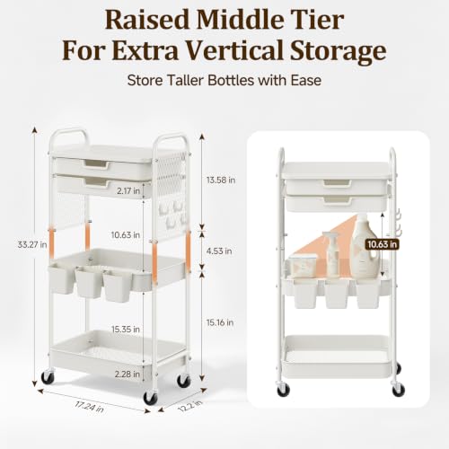 3 Tier Rolling Cart with 2 Drawers, Metal Utility Storage Carts with Wheels | Kitchen Rolling Cart 4.5" Deep Basket, Mesh Side Panel with 3 Cups, 4 Hooks for Office, Bedside, Craft Storage Cart - color: White