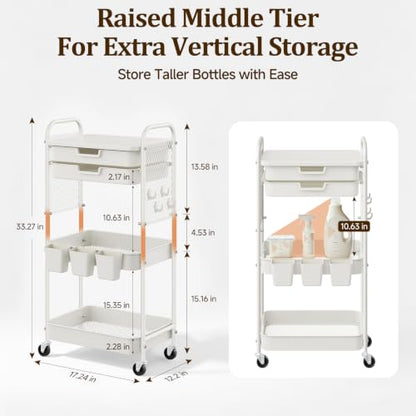 3 Tier Rolling Cart with 2 Drawers, Metal Utility Storage Carts with Wheels | Kitchen Rolling Cart 4.5" Deep Basket, Mesh Side Panel with 3 Cups, 4 Hooks for Office, Bedside, Craft Storage Cart - color: White