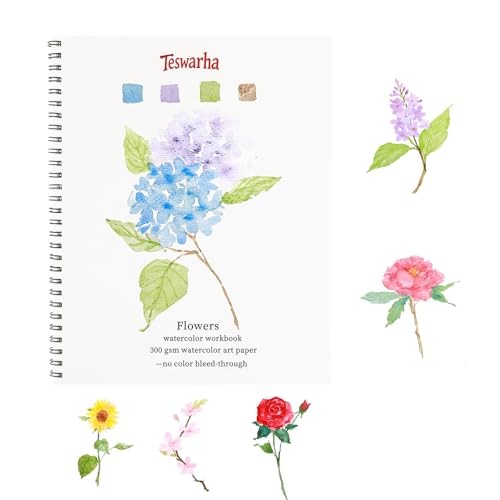 Teswarha Watercolor Workbook Using Thick Real Cotton Watercolor Paper for Adults Teens Spiral Bound 300GSM Art Paper 12 Sheets Flowers 8.2 x 9.8in - color: Blue
