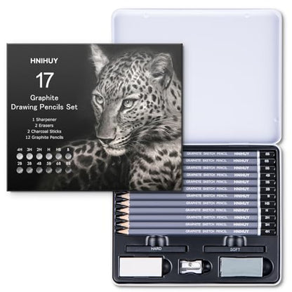 HNIHUY Sketch Drawing Pencils Set, 17 Pcs, Graphite Pencils (8B-4H) | Sketch Pencils for Drawing Art, Erasers and Sharpener, Art Drawing Pencil for Artists Beginner Sketching