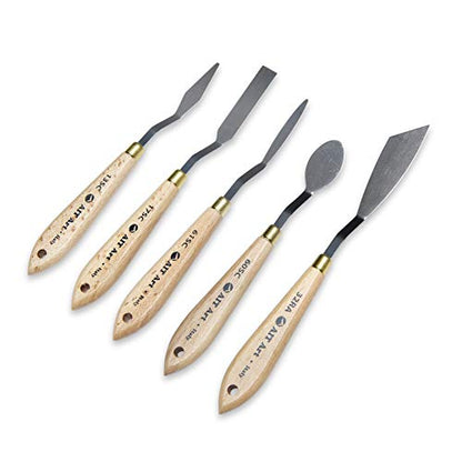 AIT Art Select Painting Knives, Set of 5, Made in Italy, Assorted Trowel Shapes, Carbon Steel Blades with Comfortable Wooden Handles Provide Flexibility and Durability for Easy Paint Spreadability