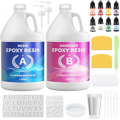 Minlebao Crystal Clear Epoxy Resin Kit 2 Gallon, High Gloss Bubble-Free Coating & Casting for DIY Art, Jewelry Making, River Tables - 1:1 Ratio with Measuring, Silicone Mold and Usage Tools - size: 2Gallon