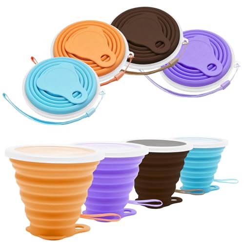 Litoexpe 4 Pack Silica gel Collapsible Travel Cup 270ml, Style 1 | Orange & Blue & Coffee & Purple, with Lids, Portable Folding Camping Cup, for Camping and Travel - color: Orange & Blue & Coffee & Purple