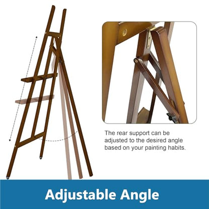 A-Frame Wooden Display Easel, Lyre Beechwood Studio Easel Stand, Brown | Adjustable Holding Canvas Up to 90", Inclinable Artist Floor Painting Easel for Artwork Painting - color: Brown