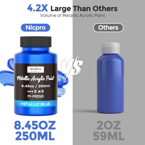 Nicpro Metallic Blue Acrylic Paint, 8.45oz/250ml Large Metallic Paint | Non Toxic, Non Fading Craft Paints for Metal, Wood, Clay, Fabric, Canvas, Furniture, Handcrafts, Art Supplies - color: Metallic Blue, size: 8.45 Fl Oz (Pack of 1)