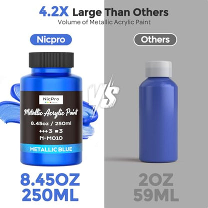 Nicpro Metallic Blue Acrylic Paint, 8.45oz/250ml Large Metallic Paint | Non Toxic, Non Fading Craft Paints for Metal, Wood, Clay, Fabric, Canvas, Furniture, Handcrafts, Art Supplies - color: Metallic Blue, size: 8.45 Fl Oz (Pack of 1)