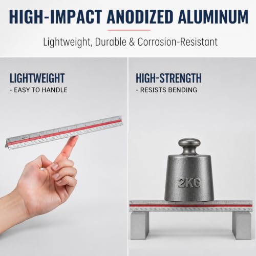 12 Inch Architectural Scale Ruler – Aluminum Architect Scale, Color-Coded for Drafting, Blueprint Reading & Drawing – Ideal for Engineers, Draftsmen & Students,1 Pack