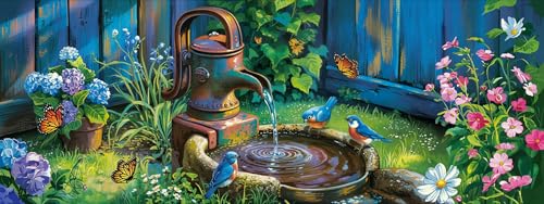 Yomiie Large 5D Diamond Art Kits for Adults, Garden Birds Diamond Painting Art Animal DIY Full Round Drill Kits, Embroidery Rhinestone Diamond Crystal Craft Canvas Home Wall Decor 31.5x11.81 inch - color: Garden Bird Bath Plate
