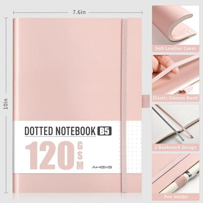 AHGXG Dotted Journal - Dot Grid Notebook Journal, 120 GSM Thick Acid-Free Paper, Large B5 Dotted Notebook 96 Pages, Leather Softcover, Inner Pocket, Journal Stencil, 7.6'' X 10'', Rose Gold - color: Rose Gold, style: B5-Dotted-120G