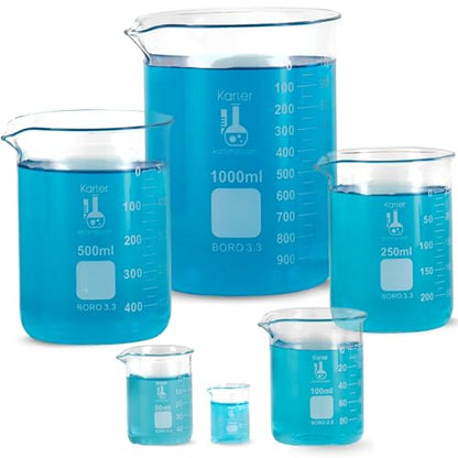 Karter Scientific, 3.3 Boro, Griffin Low Form, Glass Beaker Set - 6 Sizes - 10ml, 50ml, 100ml, 250ml, 500ml, 1000ml - size: 6-Piece Set, style: Pack of 6