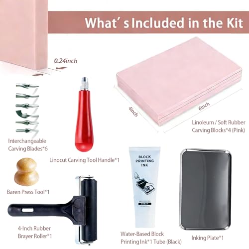 Linocut Kit for Printmaking,Linoleum Blocks for Printmaking Supplies,Block Printing Stamp Making Kit,Linoleum Blocks Carving Tools,Arts and Crafts Gift for Adults,Women,Men,Boys,Girls
