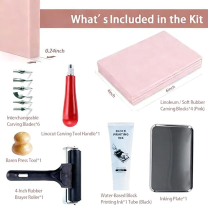Linocut Kit for Printmaking,Linoleum Blocks for Printmaking Supplies,Block Printing Stamp Making Kit,Linoleum Blocks Carving Tools,Arts and Crafts Gift for Adults,Women,Men,Boys,Girls