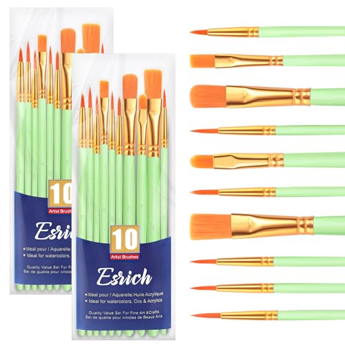 ESRICH Paint Brushes Set, 2 Packs 20 Pcs Acrylic Paint Brush | Acrylic Oil Watercolor, Face Nail Art, Rock Painting,Painting Artist Professional Kits, Green - color: Green, size: 20