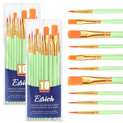 ESRICH Paint Brushes Set, 2 Packs 20 Pcs Acrylic Paint Brush | Acrylic Oil Watercolor, Face Nail Art, Rock Painting,Painting Artist Professional Kits, Green - color: Green, size: 20