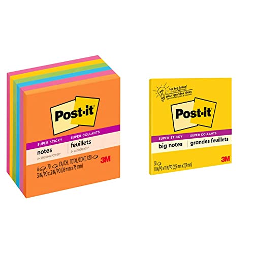 Post-it Super Sticky Notes, 3x3 in, 6 Pads, 2X The Sticking Power, Energy Boost Collection, Bright Colors (Orange, Pink, Blue, Green,Yellow),Recyclable (654-6SSAU) & Super Sticky Big Notes