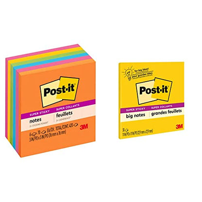 Post-it Super Sticky Notes, 3x3 in, 6 Pads, 2X The Sticking Power, Energy Boost Collection, Bright Colors (Orange, Pink, Blue, Green,Yellow),Recyclable (654-6SSAU) & Super Sticky Big Notes