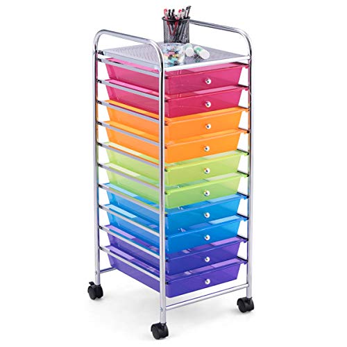 RELAX4LIFE 10 Drawer Rolling Cart, Slim Storage Cart | Lockable Wheels Classroom School Teacher Office Art Supplies Paper Scrapbook Craft Organizers Utility Cart (Color) - color: Colorful, size: 34''H