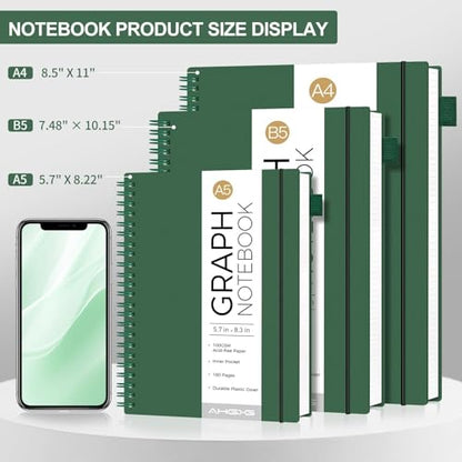 AHGXG Spiral Graph Paper Notebook, 110 Pages, A4 (8.5" x 11") | 100 gsm Thick Grid Paper, Waterproof Plastic Cover, for School Writing Engineering (Green) - color: Green, style: A4-Graph