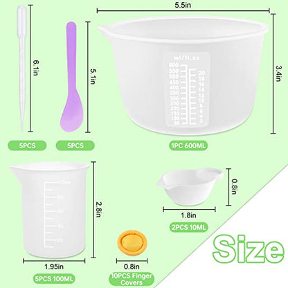 Sjubaopen Silicone Measuring Cups 600ml for Resin, Epoxy, Baking | Easy to clean, Heat Resistant, Thickened, 100ml+10ml, Stir Sticks, Droppers, Finger Cots for Wax,Chocolate, Jewelry - size: 600ML+100ML+10ML