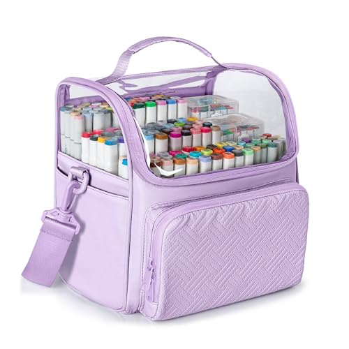 Rexmica Large Marker Organizer Case Storage Bag for 180 Marker Pen, Purple | Sloped Divider, Shoulder Strap, 4 Pockets, for Paint Markers/Paint Brushes/Colored Pencils/Art Supplies, Patented Design - color: Purple