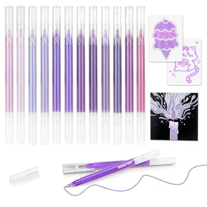 12 Purple Glitter Gel Pens Set, 1.0 mm Fine Point for Black Paper & White Paper, Large Capacity Pens for Journaling, Adult Coloring Books, Drawing, Note Taking, Highlighting - color: purple
