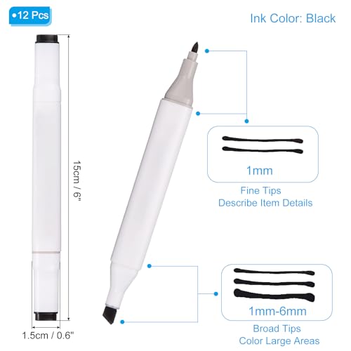 PATIKIL Dual Tip Alcohol Art Markers, 12 Pcs White Barrel Alcohol Markers with Brush Tip and Fine Tip for Illustration Artist Adult Coloring Drawing Permanent Sketching, Black - color: Black