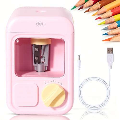deli Electric Sharpener, Battery Powered, 3 Sizes for 6.5–8mm Pencil | Battery Electric Sharpener, 3 Tip Sizes, Fits 6.5-8mm Pencils. Anti-Slip, Big Bin, DIY Stickers for Kids - color: Pink