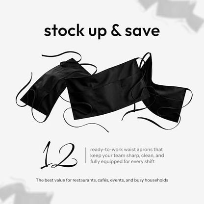 White Classic 12 Pack - Black Server Waist Aprons with 3 Pockets, Waitress Half Apron - color: Black Waist Apron - 12 Pack
