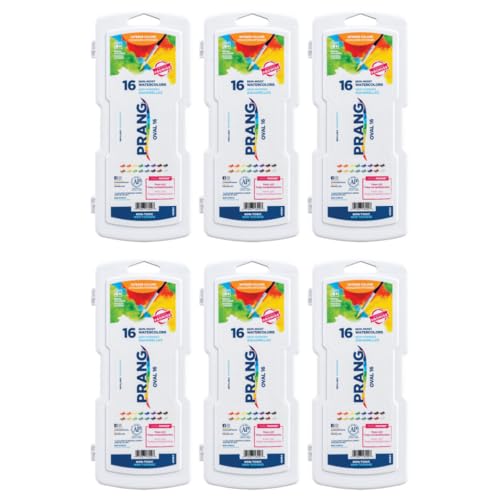 Prang Semi-Moist Watercolors 16-Color Oval Pan Set, Pack of 6 | Refillable, Wax-Free Pigments, Mixing Tray in Lid, Size 6 Paintbrush Included - style: 16 Count (Pack of 6)