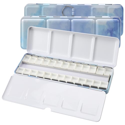 Empty Watercolor Palette Tin with 24 Half Pans, Metal Paint Tray and Mixing Wells, Customizable Travel Watercolor Palette for Plein Air, Studio, and Artists