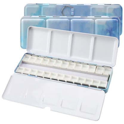 Empty Watercolor Palette Tin with 24 Half Pans, Metal Paint Tray and Mixing Wells, Customizable Travel Watercolor Palette for Plein Air, Studio, and Artists