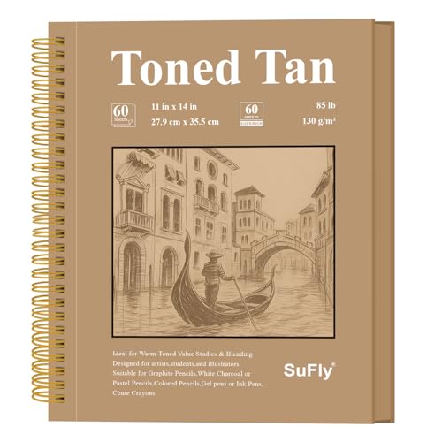 SuFly Toned Paper Sketch Book, 11x14 Inches, 60 Sheets - 90lb/150gsm Toned Tan Paper for Mixed Media, Charcoal, Graphite, Colored Pencils & White Gel Pens, 100% Recycled, Wire-O Bound. - color: Toned Tan, size: 11-x-14-inch:1 Pack