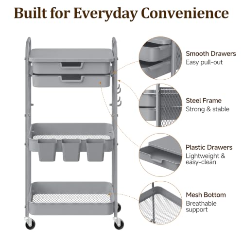 3 Tier Rolling Cart with 2 Drawers, Metal Utility Storage Carts with Wheels | Kitchen Rolling Cart 4.5" Deep Basket, Mesh Side Panel with 3 Cups, 4 Hooks for Office, Bedside, Craft Storage Cart - color: Dark Dray