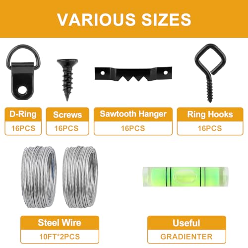 303Pcs Picture Hangers for Wall Art Decor Tapestry, Picture Hanging Kit With Heavy Duty Wall Hooks, Sawtooth, Picture Wire, D Rings, Hardware Nails, Eye Hooks, Black Frame Hooks for Drywall Wood - size: Black