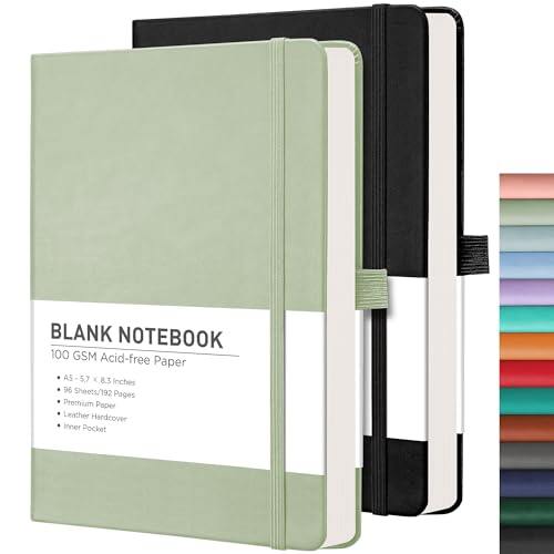 RETTACY Blank Journal Notebook, 192 Pages per Pack, A5 Size (5.7'' x 8.3'') - color: Black & Light Green