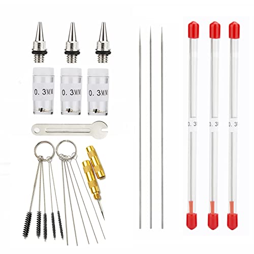 3PCS 0.3mm Airbrush Nozzles and Needles Replacement Parts with 11 in 1 Airbrush Cleaning Repair Tool for Airbrush Gun - size: 3PCS 0.3mm Nozzle and Needles/Cleaning Kit