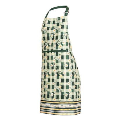 FINGERCRAFT Apron, Dual Pocket, Adjustable Tie, Multipurpose Washable Bib Apron for Home, Kitchen, Chef and Professionals - color: Green Daisy Gingham