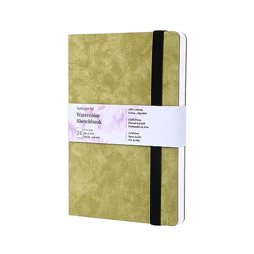 tumuarta Watercolor Sketchbook, 7.5x5, 140 LB, 300GSM, 100% Cotton Paper, Cold Press, 24 Sheets,48 Pages, Watercolor Journal for Use As Travel Sketch Book and Mixed Media Pad On The Go - color: Green, size: 7.5"x5"