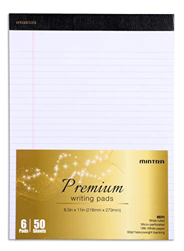 Mintra Office White Legal Pads – Ruled Notepads and Micro-Perforated Sheets, Ideal for Writing, Note-Taking & Creativity, Office, or Professional Use, Premium Pad 6 pack, 8.5"x11" (Wide Ruled) - color: White - Premium Pad, size: Wide