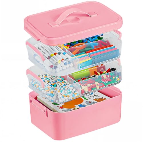 Gifhomfix 3-Layer Plastic Craft Organizers and Storage Box with Removable Trays, Storage Containers with lids and Handle, Art Supply Storage Organizer for Bead, Ornament, Nail Polish, Tape（Pink） - color: Pink, size: 3 Layer-10.6 x 7.6 x 9 in