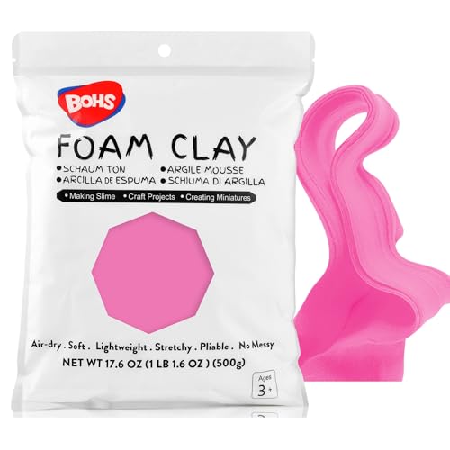 BOHS Foam Clay, Pink Air Dry Modeling Clay, 1.1 lb | Soft, lightweight; crack-free finish; EVA and polystyrene foam details; cosplay props, figurines, fake bakes and slime making - color: Pink, size: 500 g