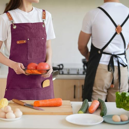 Aoomzoon Canvas Aprons for Men Chef Apron, Work Apron with Large Pockets - 16oz Heavy Duty Cross Back, BBQ, Cooking - color: Red