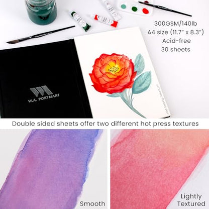 WA Portman 11.3" x 8.3" Hot Press Watercolor Paper Block A4, 300GSM Art Pad | A4 Hot Pressed Watercolor Paper Block, 100% Cotton with Waterproof Cover, 140Lb 60 Pages (30 Sheets) Elastic Band Closure Pad