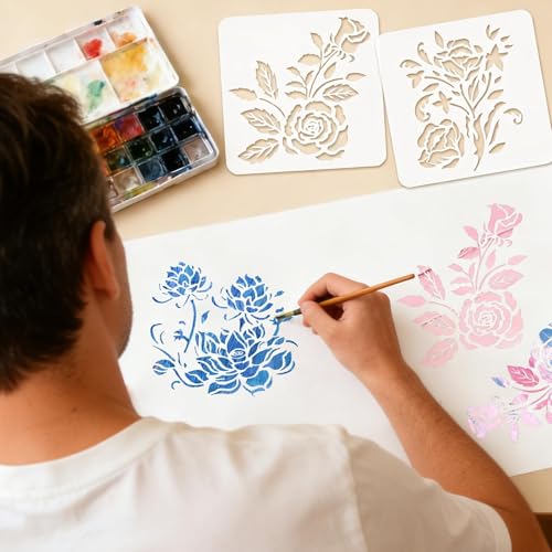 12 Pcs Large Flower Stencils for Painting, 5.12 X 5.12 Inch Flower Stencils for Crafts Reusable, Wood and Wall Stencils for Painting Large Pattern, DIY Templates Holiday Wall Paper (H) - style: H