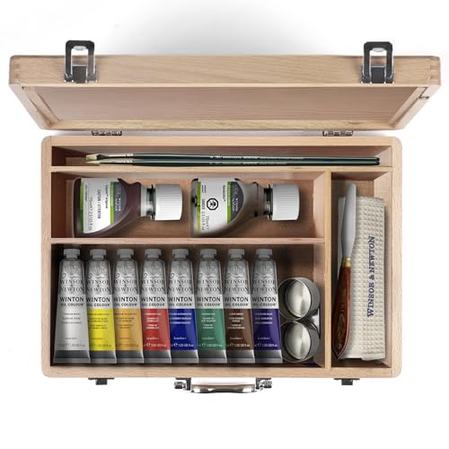 Winsor & Newton Winton Oil Colour, Wooden Paint Set 8 x 37ml Tubes (includes Liquin, Sansodor, 2 Brushes, Knife, Cloth, Godet)