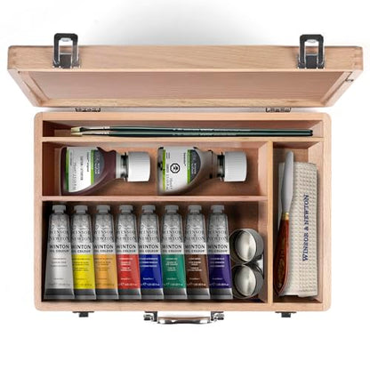 Winsor & Newton Winton Oil Colour, Wooden Paint Set 8 x 37ml Tubes (includes Liquin, Sansodor, 2 Brushes, Knife, Cloth, Godet)