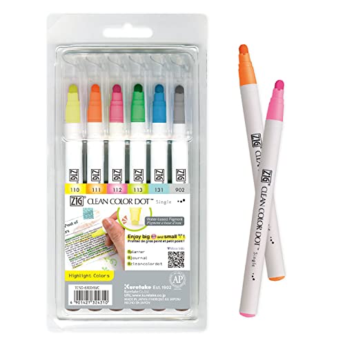 Kuretake CLEAN COLOR DOT Single Hightlight 6 colors set, Flexible dot tip marker, for Journals, Crafts, Illustration, Lettering, Planners, for Adult, Kids, Made in Japan - style: Hightlight 6 colors set(single tip)