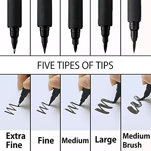 Kuretake Bimoji Brush Pen, 5 pcs set (Extra Fine, Fine, Medium, Large, Medium Brush), great for Calligraphy, Hand lettering and Illustration, for Beginners and Professional, Made in Japan - style: Variety 5pcs box